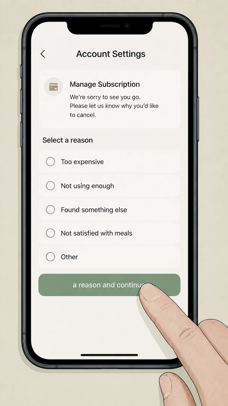 Home Chef mobile-app cancellation: Select a reason and continue