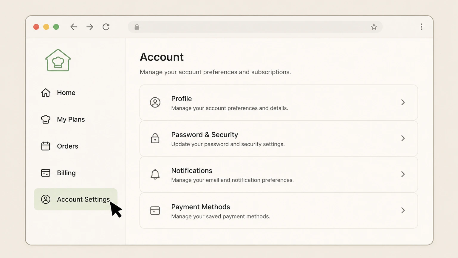 Home Chef web cancellation: Open Account Settings