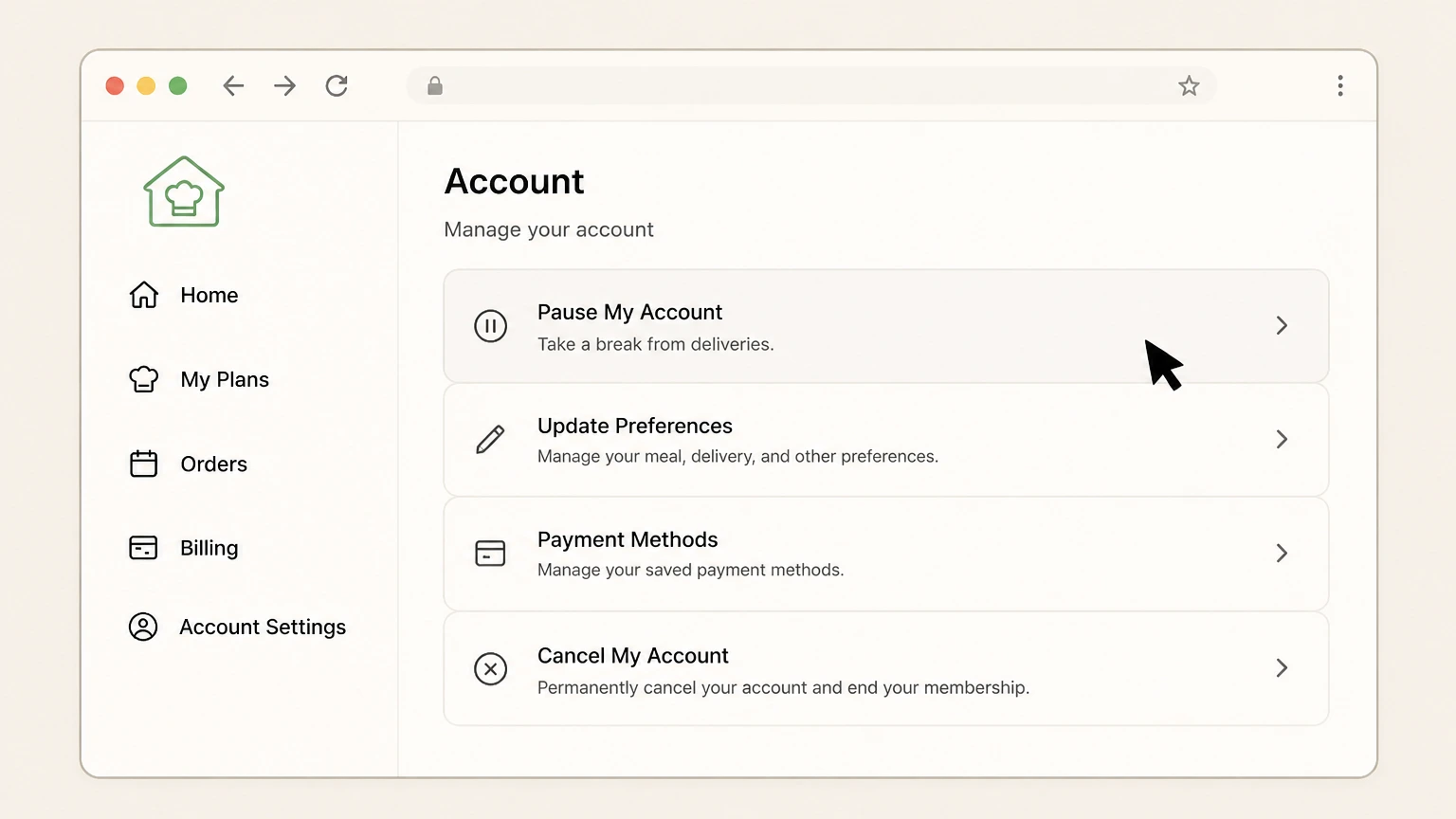 Home Chef web cancellation: Choose Pause My Account