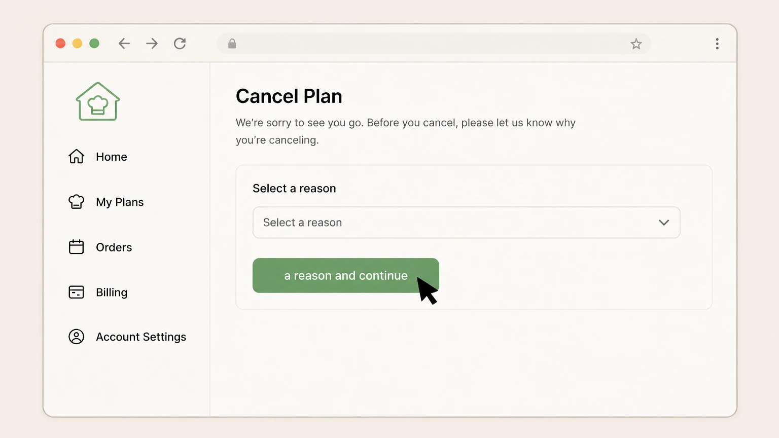 Home Chef web cancellation: Select a reason and continue