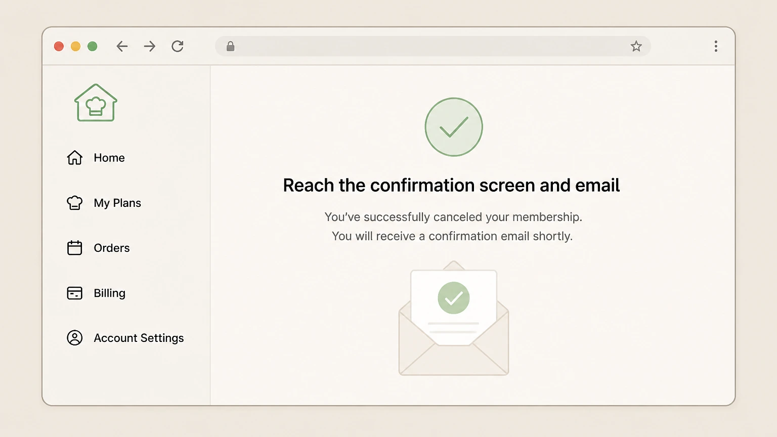 Home Chef web cancellation: Reach the confirmation screen and email