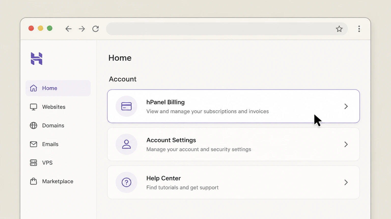 Hostinger web cancellation: Open hPanel Billing