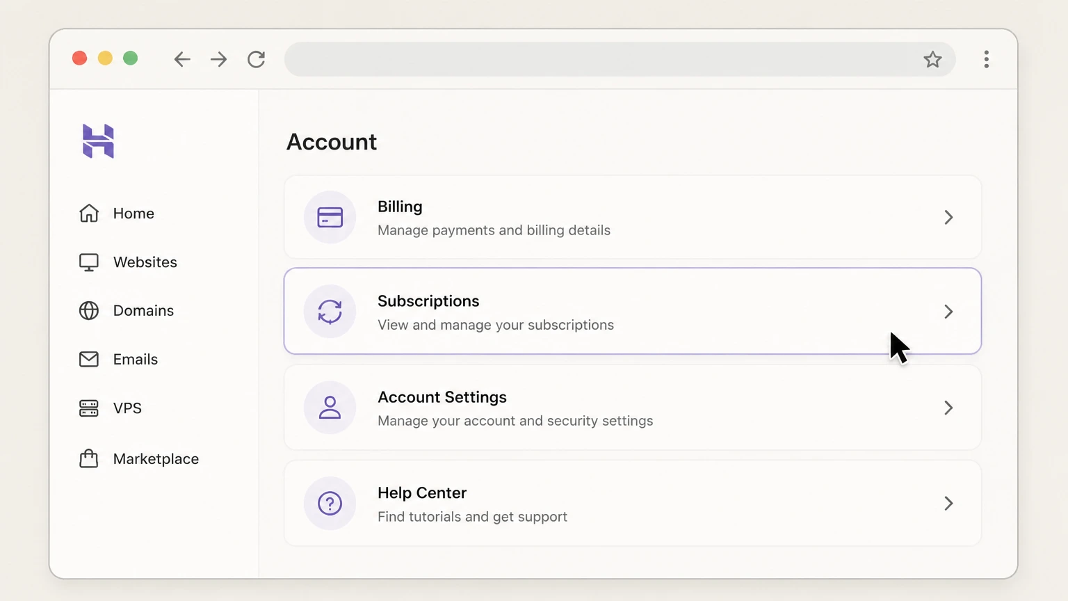 Hostinger web cancellation: Open Subscriptions