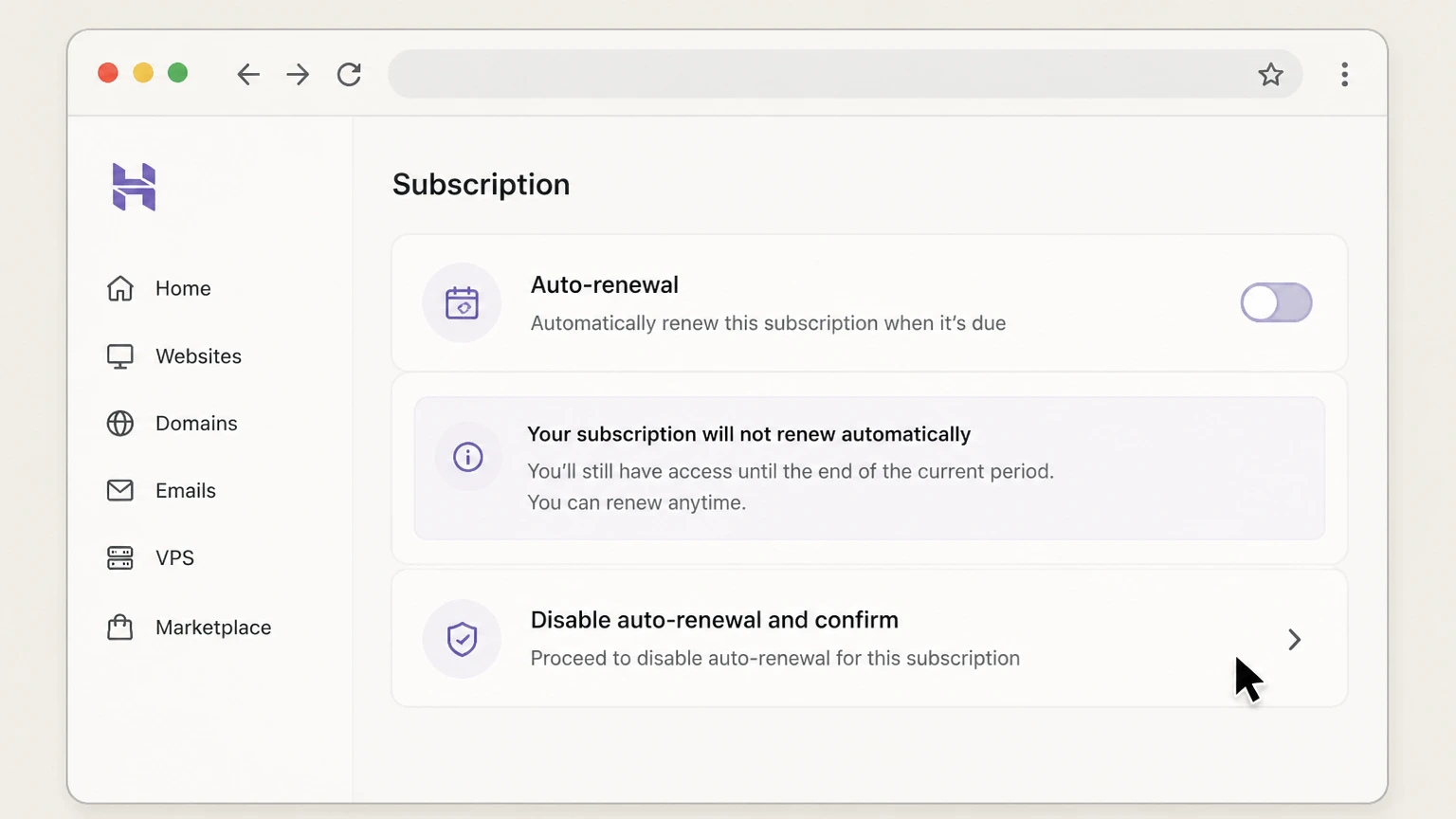 Hostinger web cancellation: Disable auto-renewal and confirm