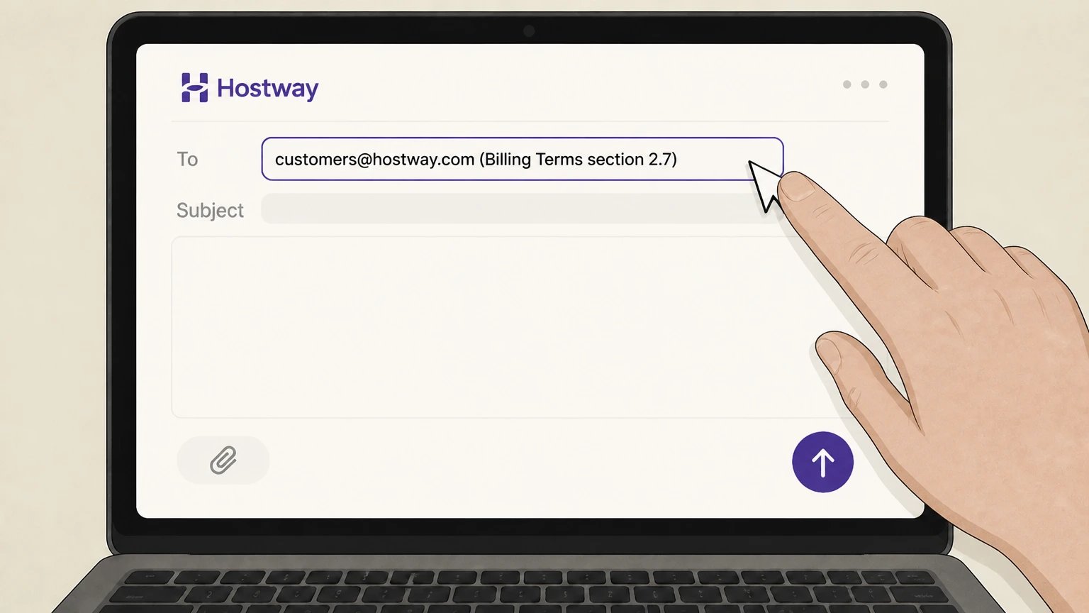 Editorial illustration for Compose an email to Hostway’s customer service address in the Email cancellation route for Hostway
