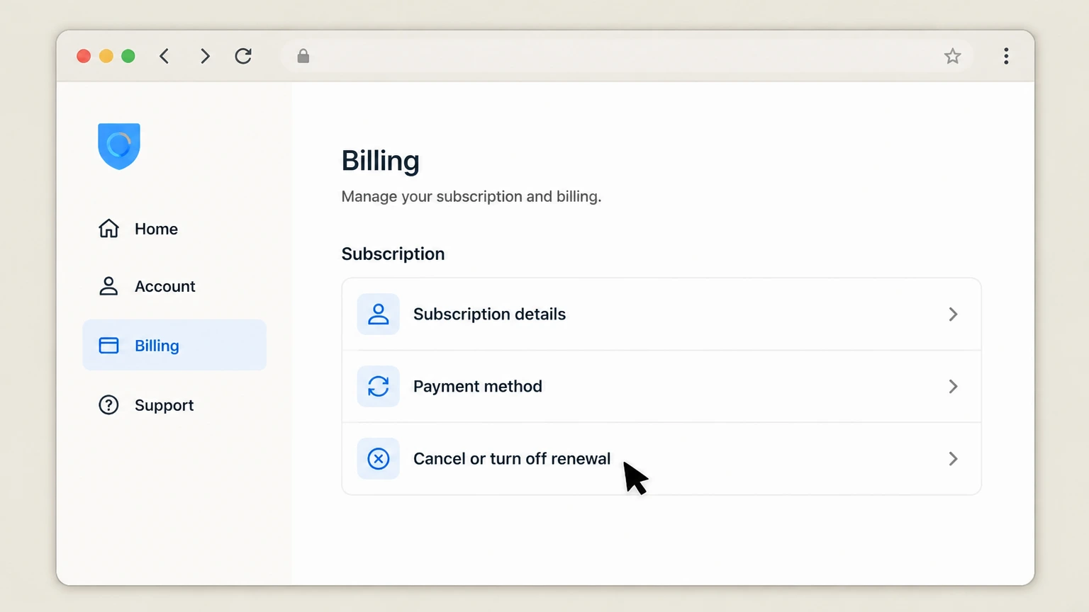 Hotspot Shield web cancellation: Choose Cancel or turn off renewal