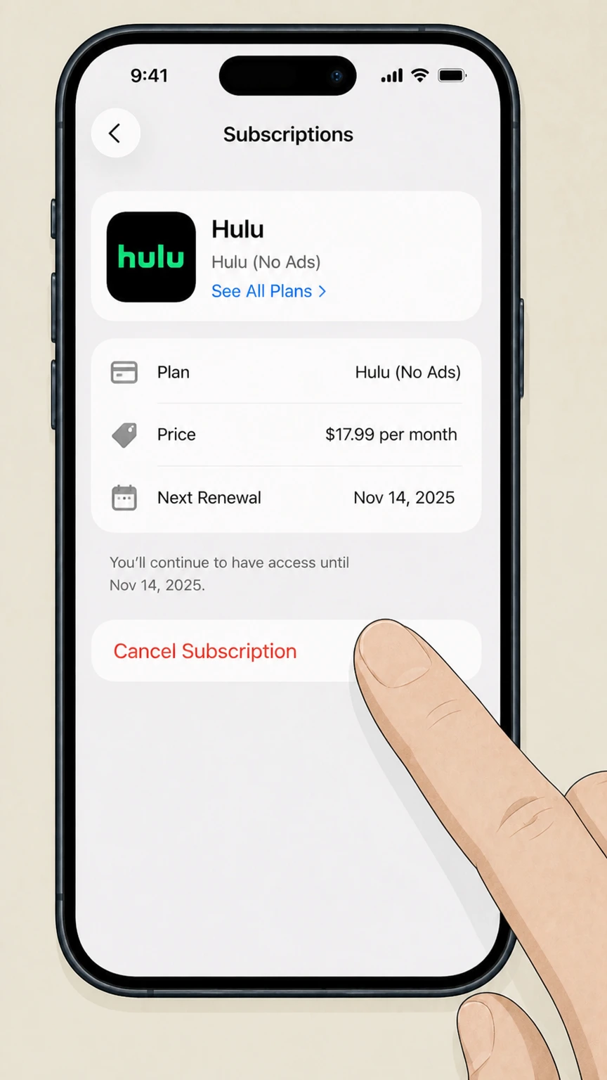 Hulu app-store cancellation: Tap Cancel Subscription