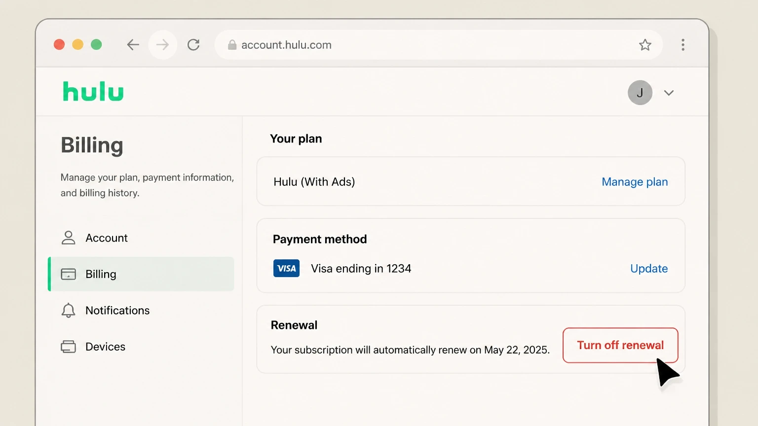 Hulu billing-partner cancellation: Turn off renewal