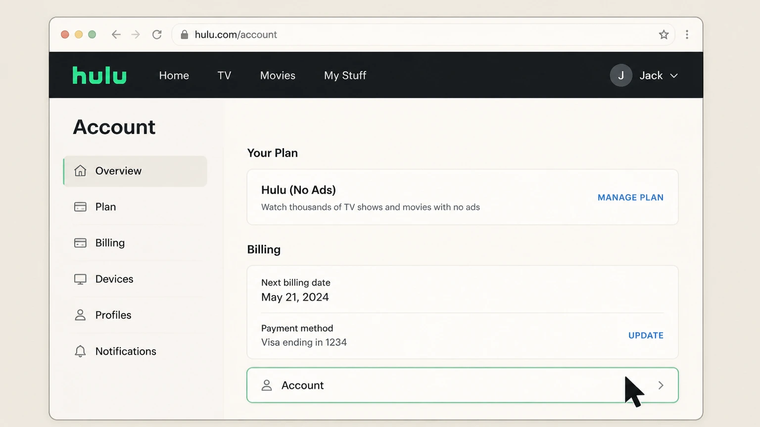 Hulu web cancellation: Open the Hulu Account page