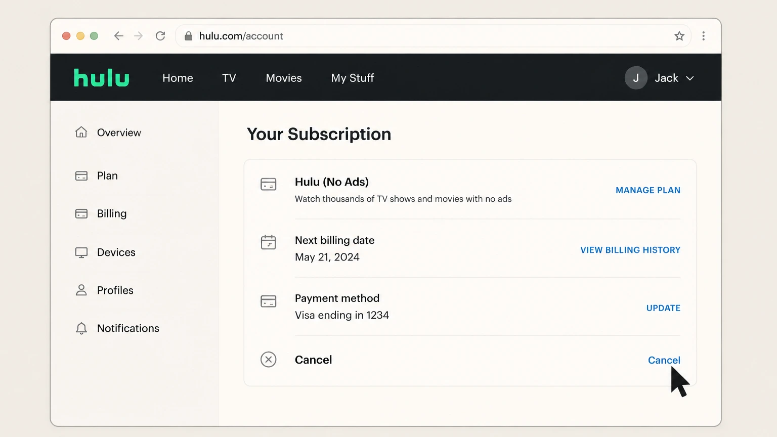 Hulu web cancellation: Select Cancel