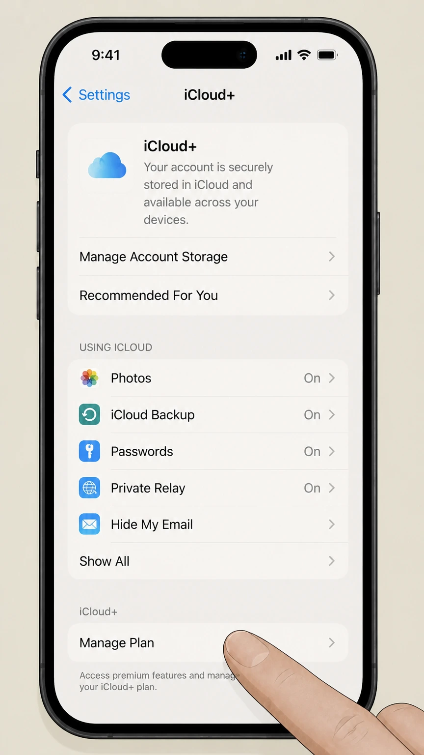 iCloud+ ios cancellation: Tap Manage Plan