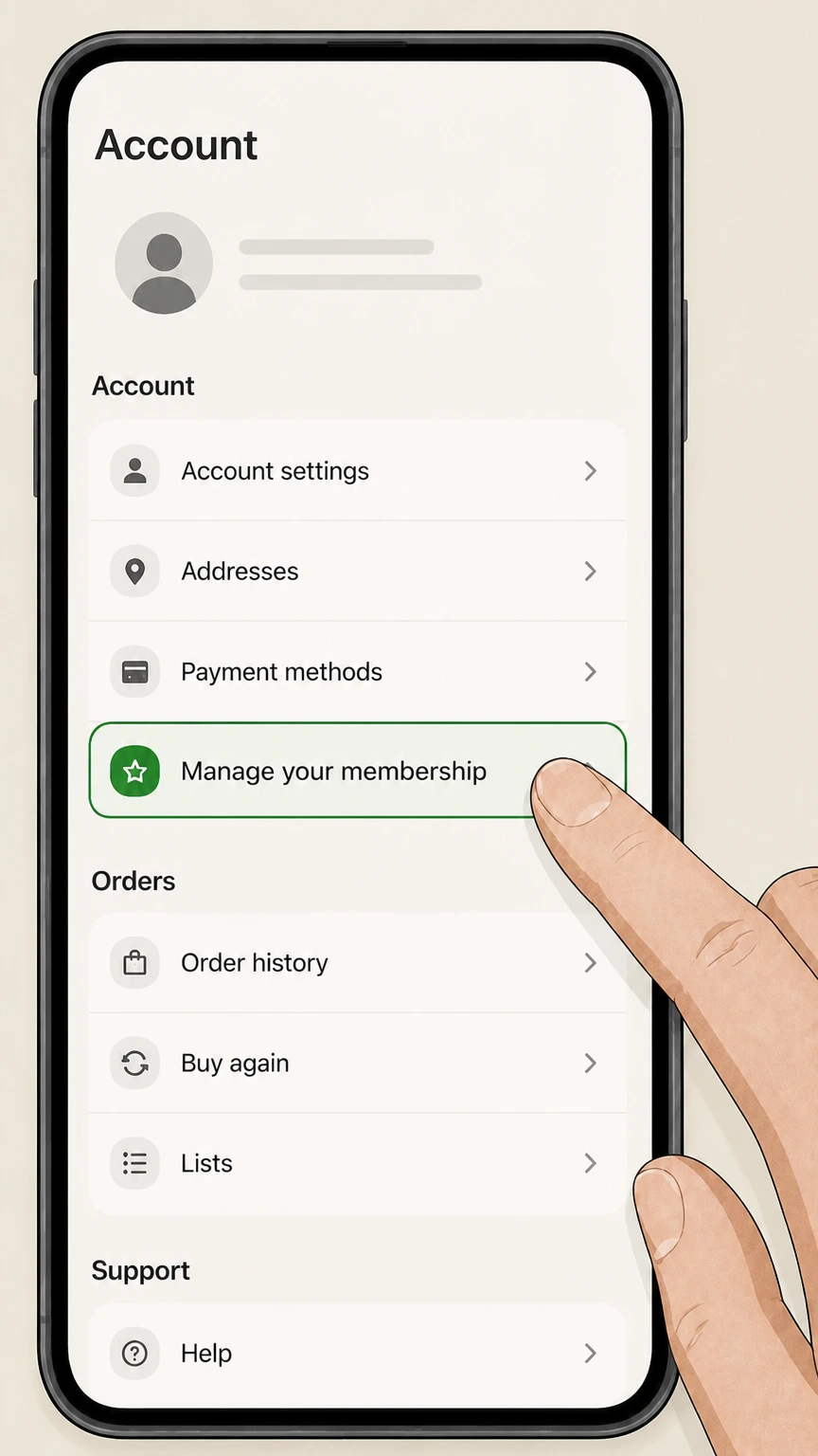Instacart+ mobile-app cancellation: Open Manage your membership