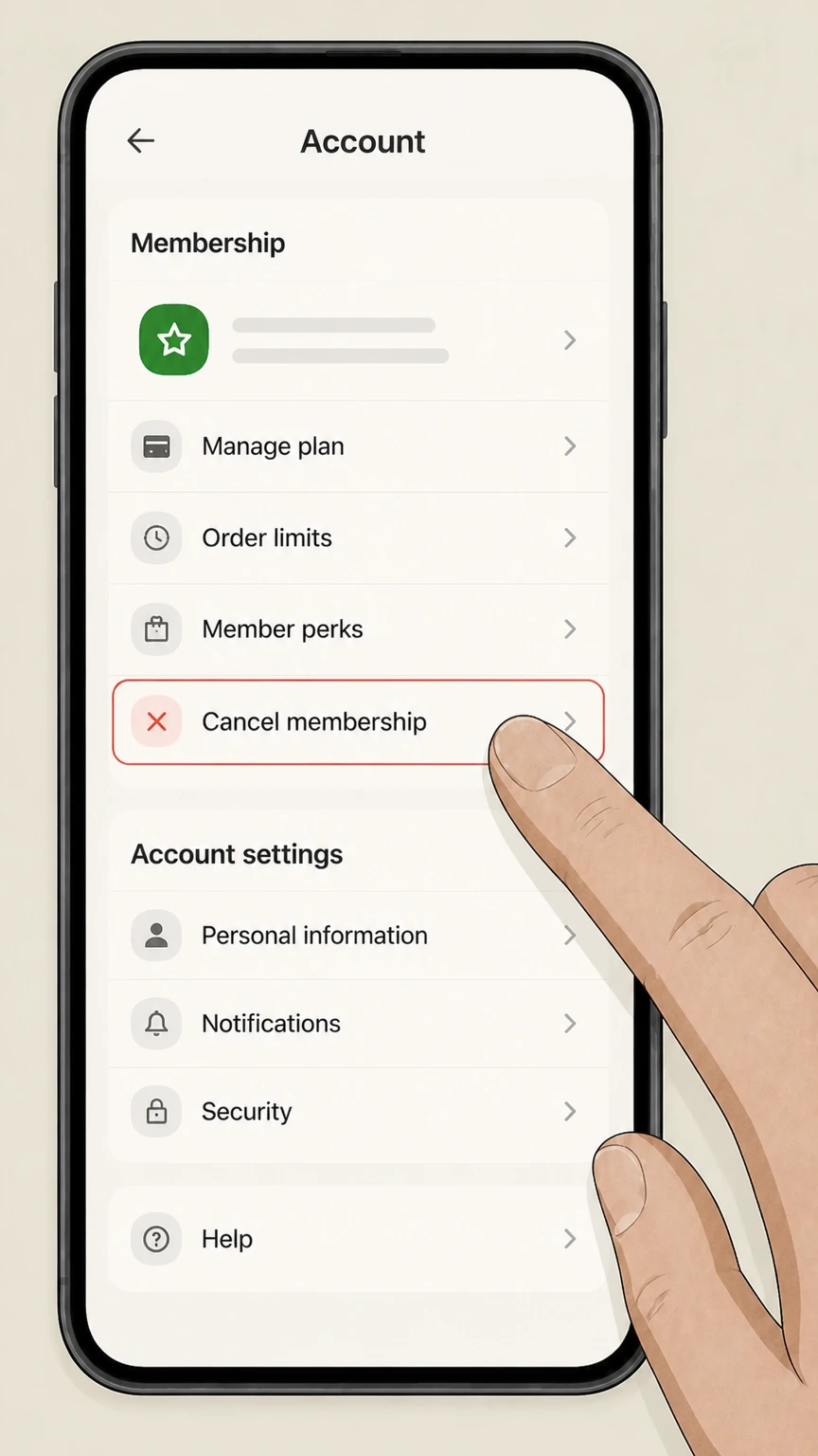 Instacart+ mobile-app cancellation: Select Cancel membership