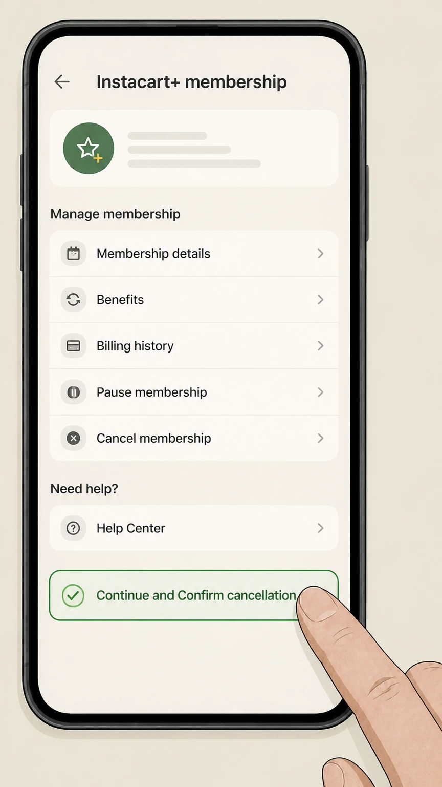 Instacart+ mobile-app cancellation: Continue and Confirm cancellation