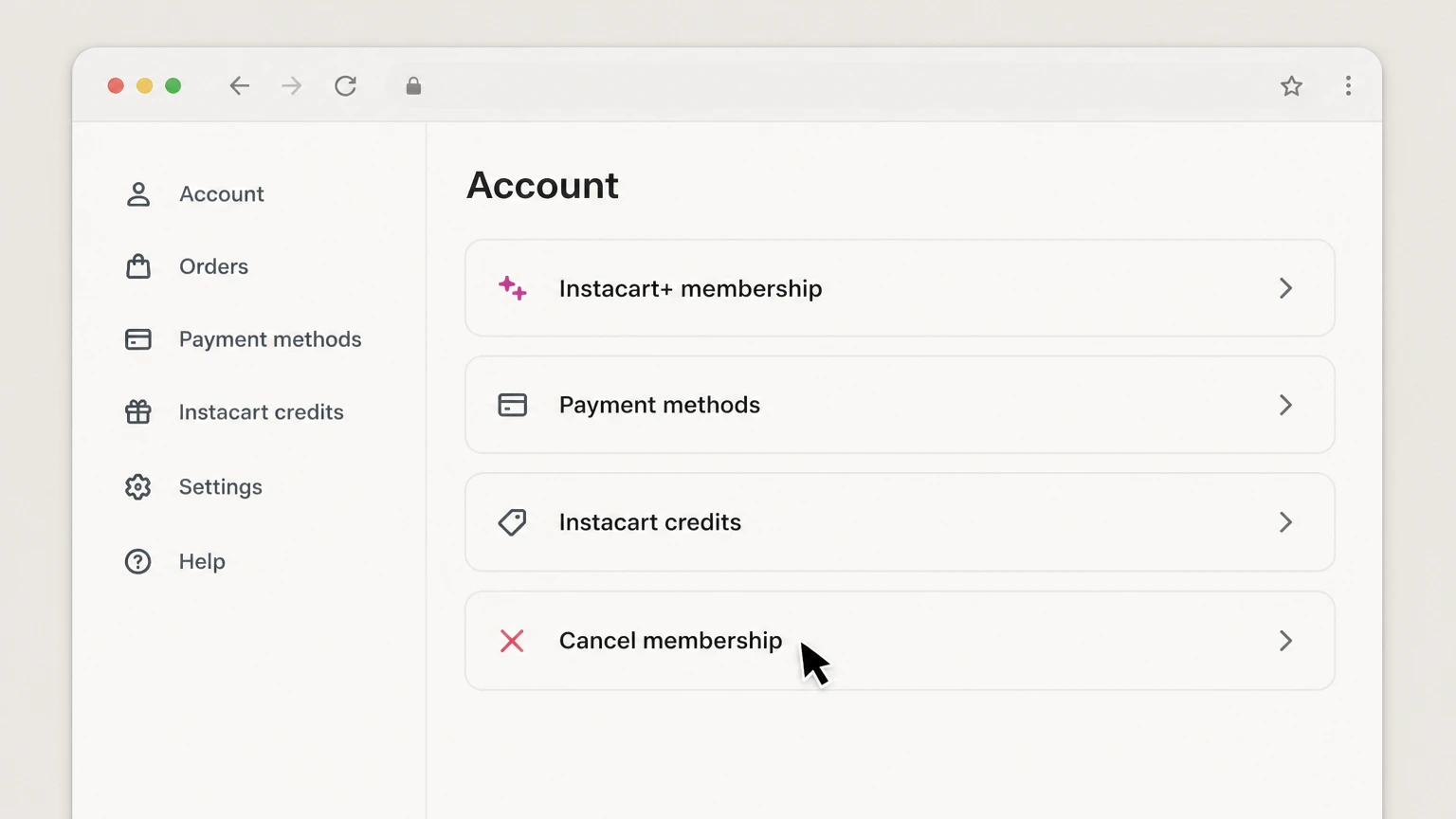 Instacart+ web cancellation: Select Cancel membership