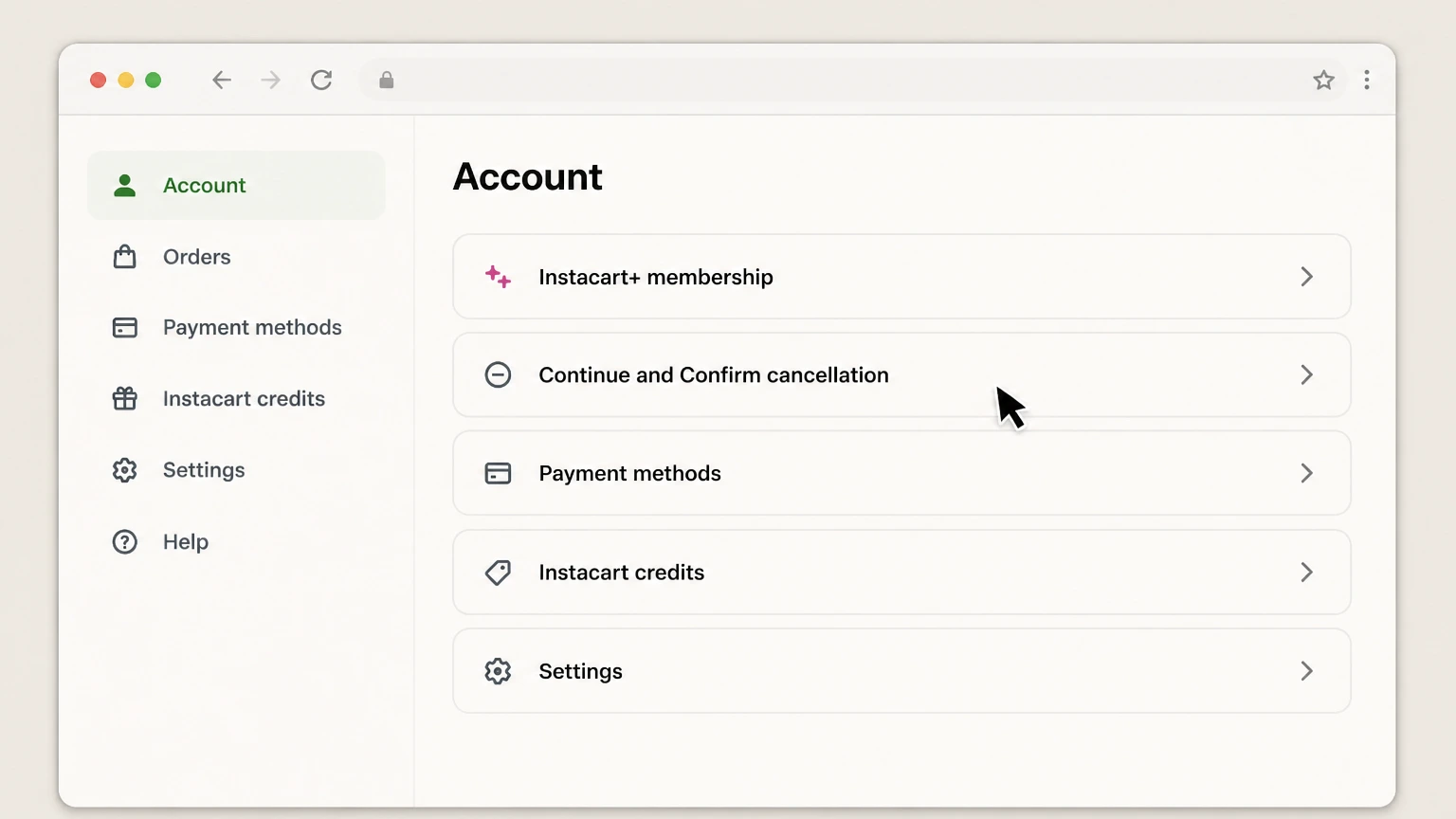 Instacart+ web cancellation: Continue and Confirm cancellation