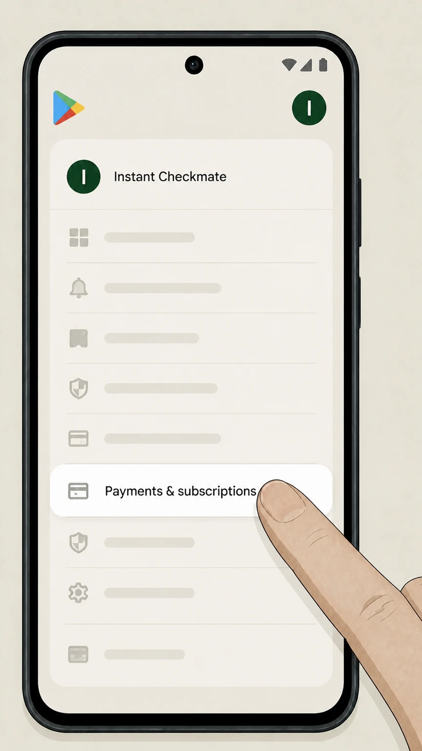 Instant Checkmate Google Play-billed subscription: Open Payments & subscriptions