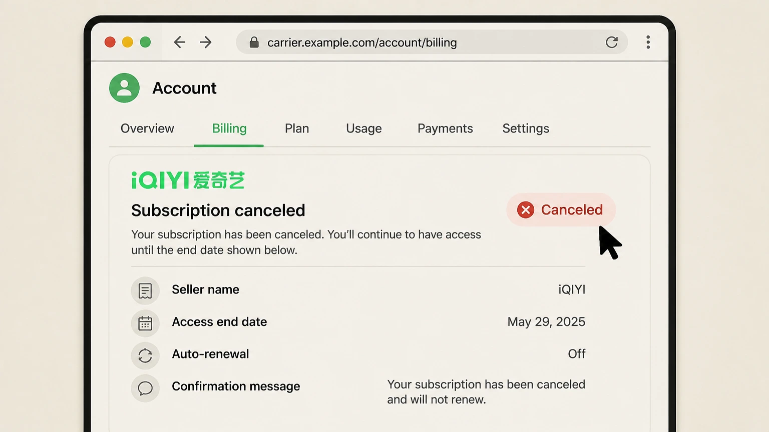 iQIYI mobile-carrier cancellation: Keep proof