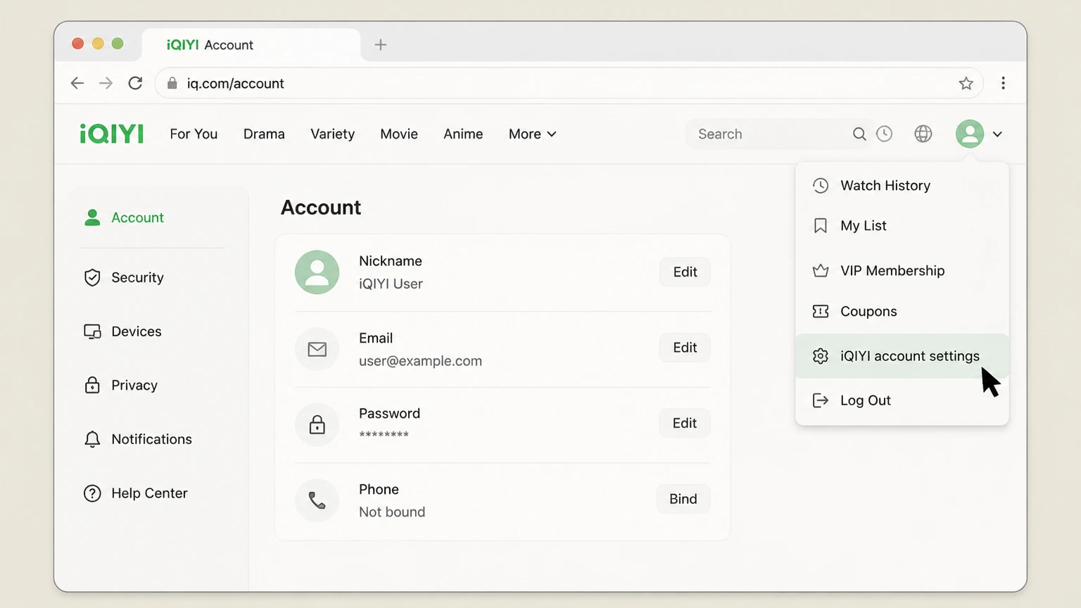 iQIYI web cancellation: Open iQIYI account settings