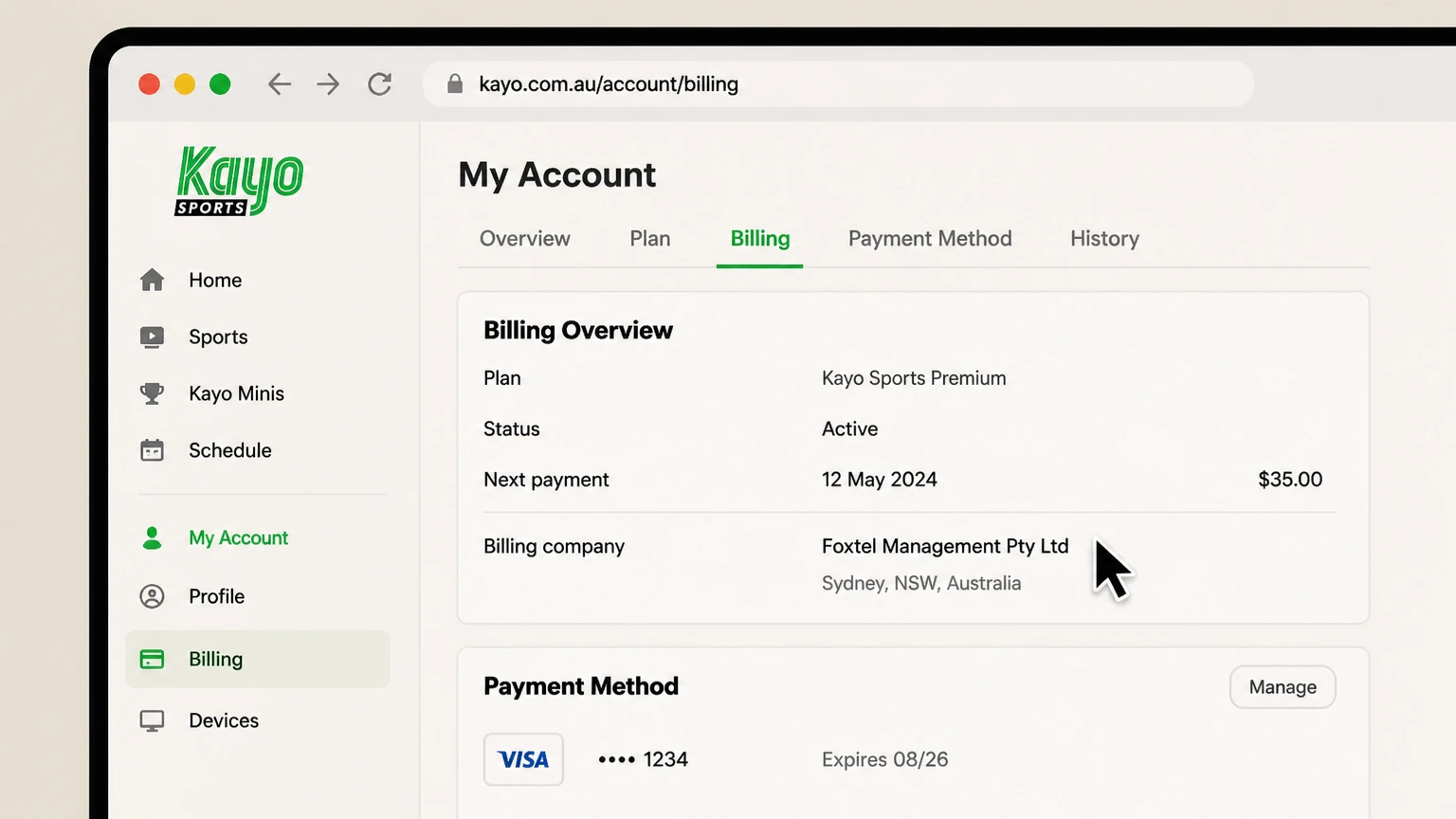 Kayo Sports billing-partner cancellation: Identify the billing company