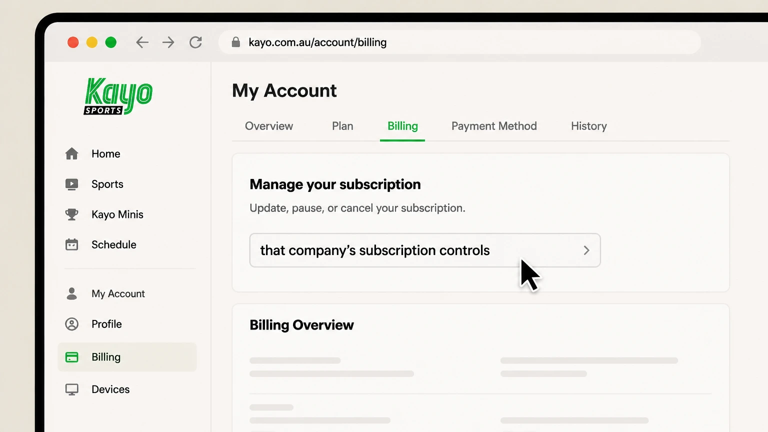 Kayo Sports billing-partner cancellation: Open that company’s subscription controls