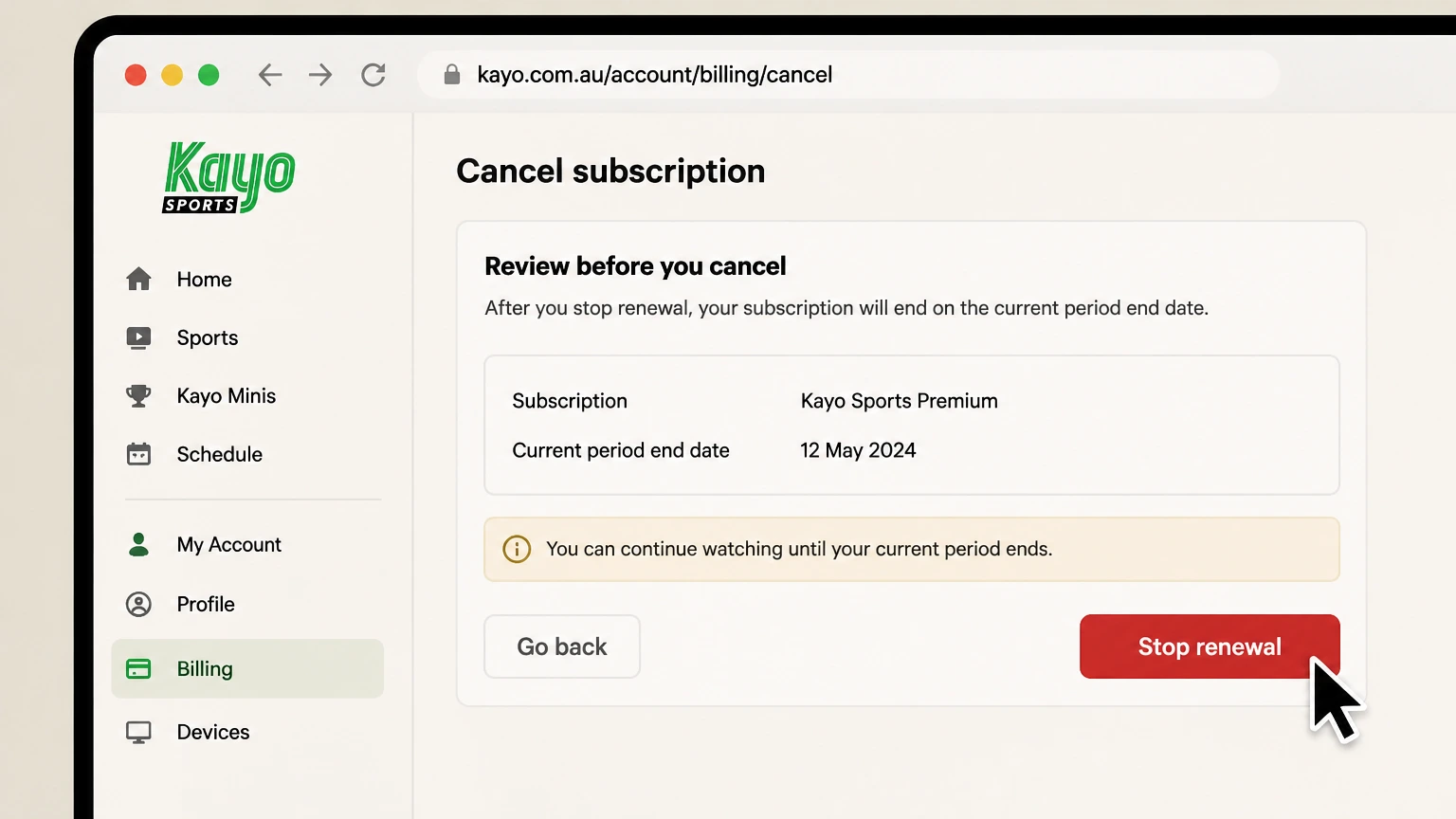 Kayo Sports billing-partner cancellation: Stop renewal
