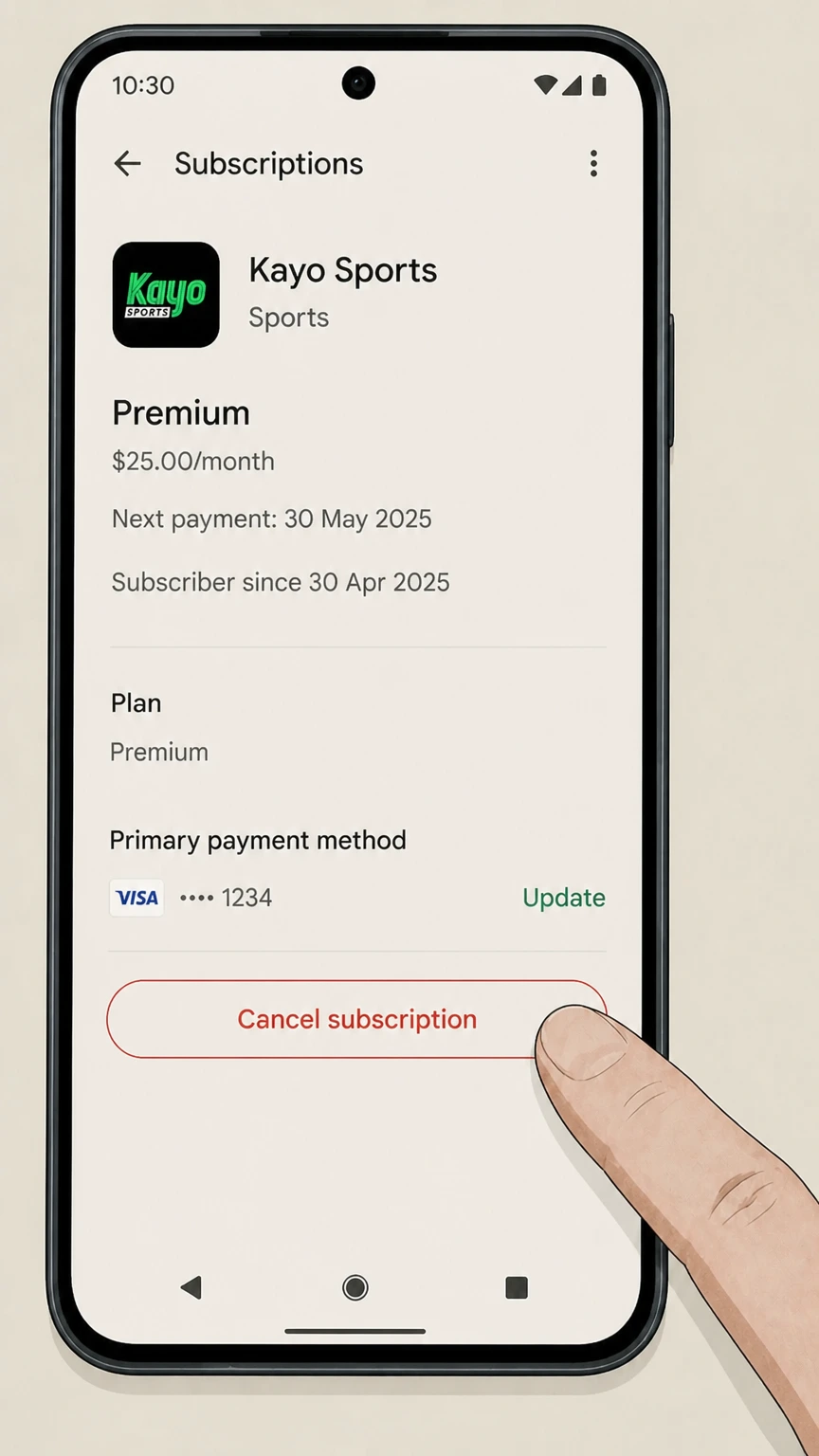 Kayo Sports google-play cancellation: Tap Cancel subscription