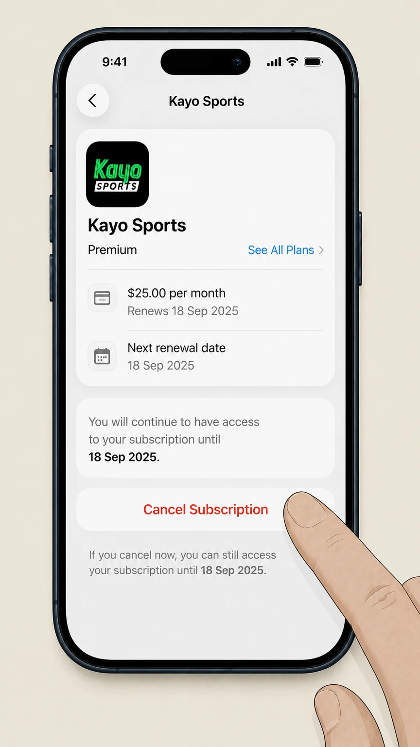 Kayo Sports ios cancellation: Tap Cancel Subscription