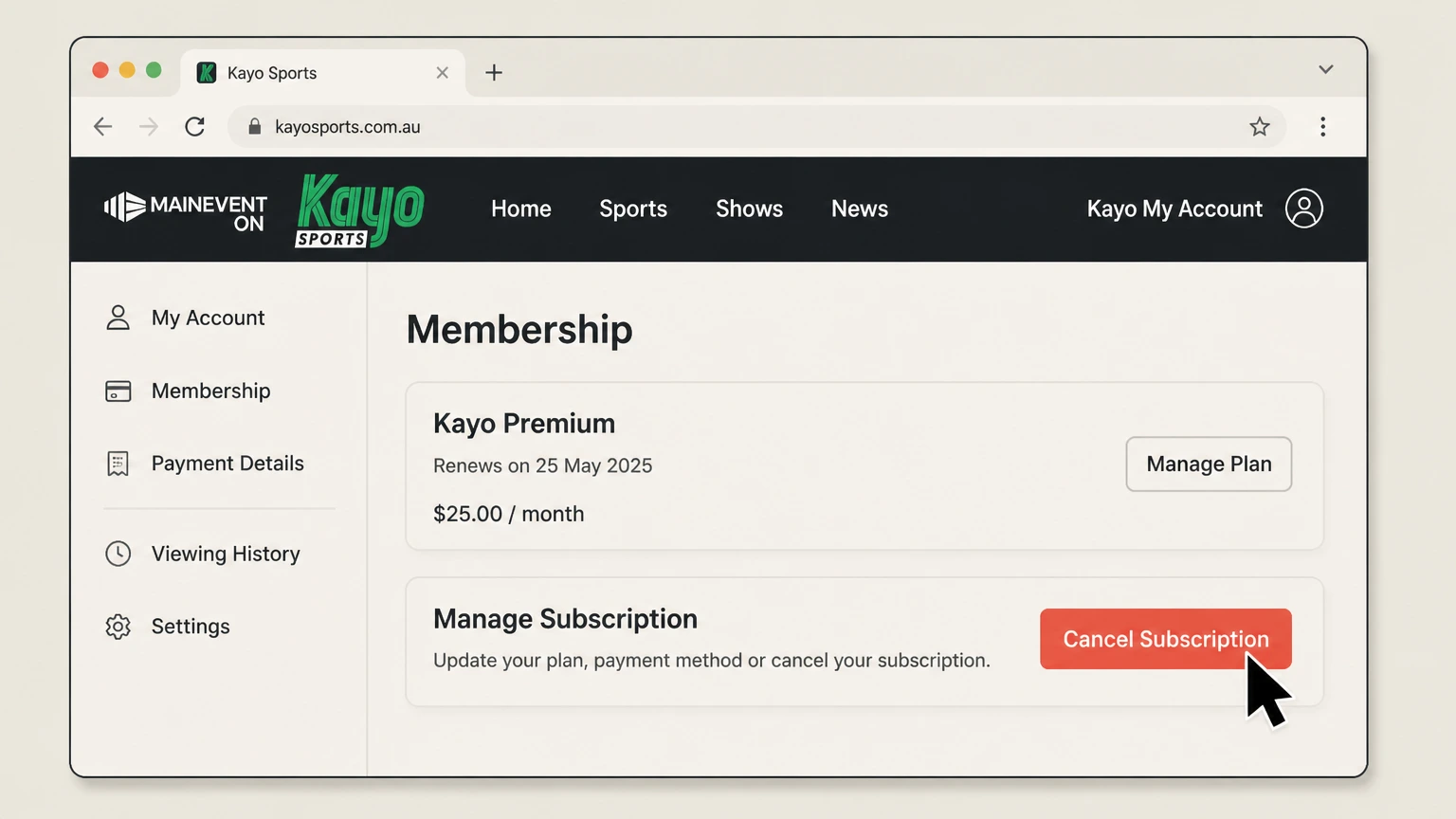Kayo Sports web cancellation: Choose Cancel Subscription
