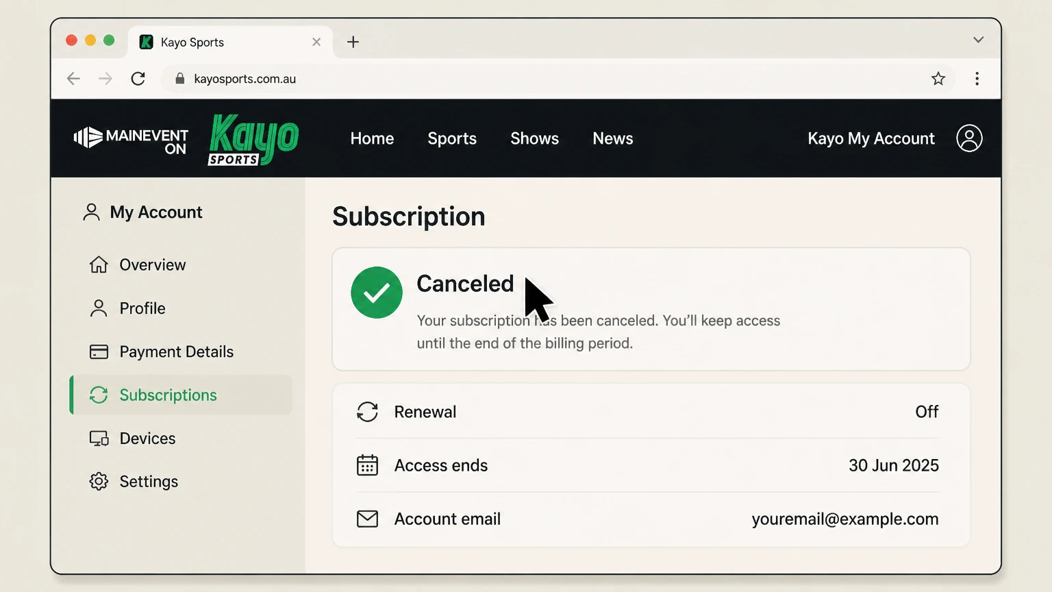 Kayo Sports web cancellation: Save the effective date