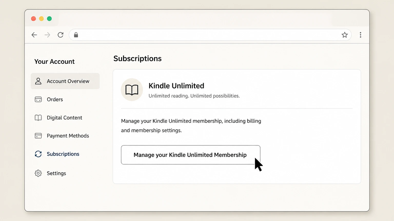 Kindle Unlimited web cancellation: Open Manage your Kindle Unlimited Membership