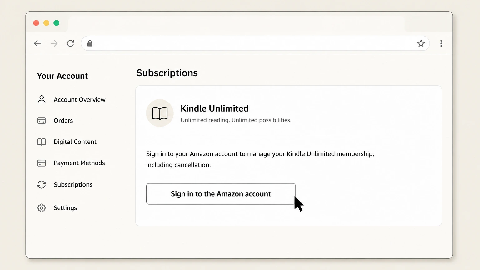 Kindle Unlimited web cancellation: Sign in to the Amazon account