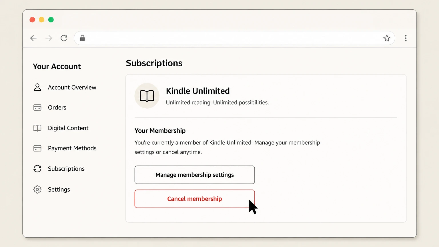 Kindle Unlimited web cancellation: Under Your Membership choose Cancel membership