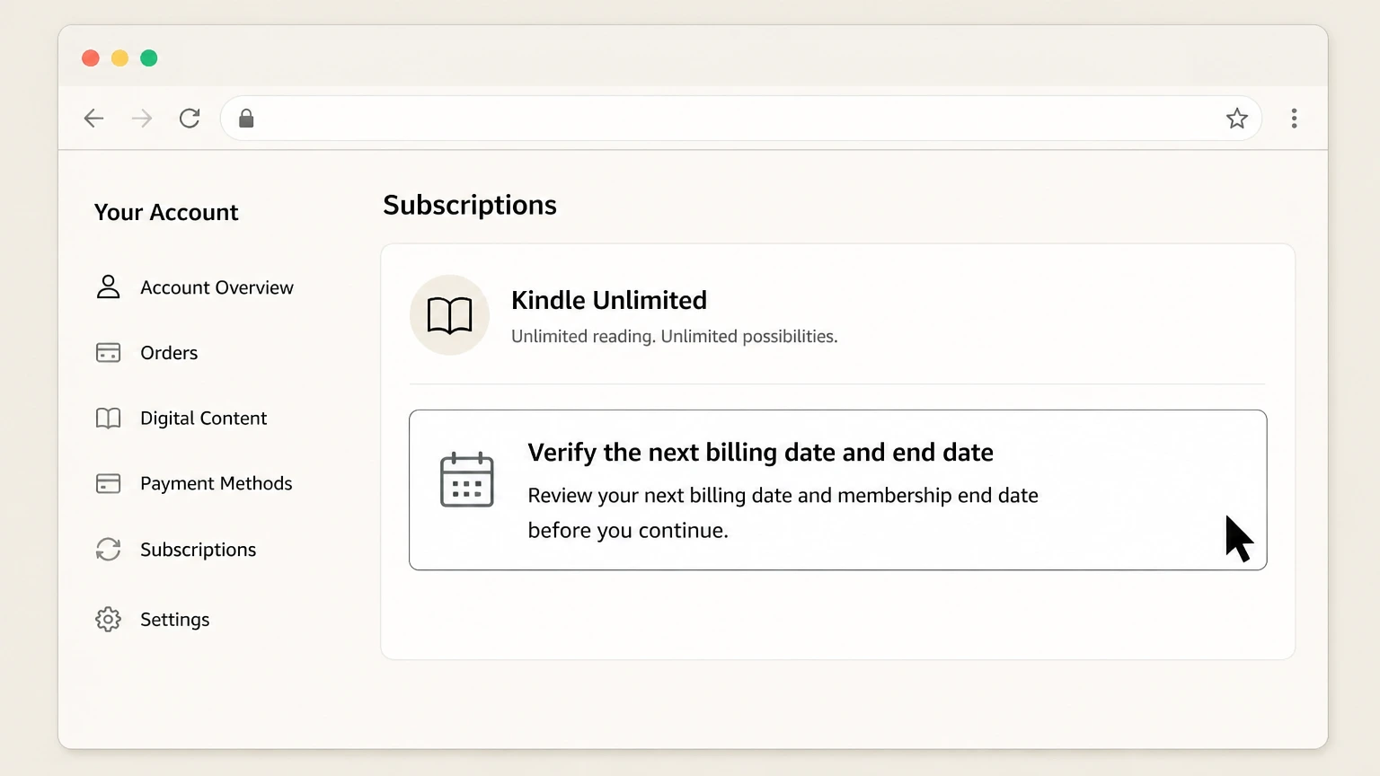 Kindle Unlimited web cancellation: Verify the next billing date and end date