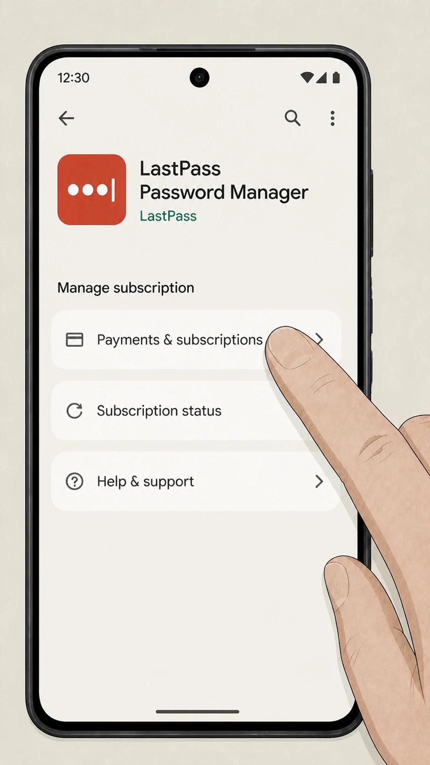 LastPass google-play cancellation: Open Payments & subscriptions