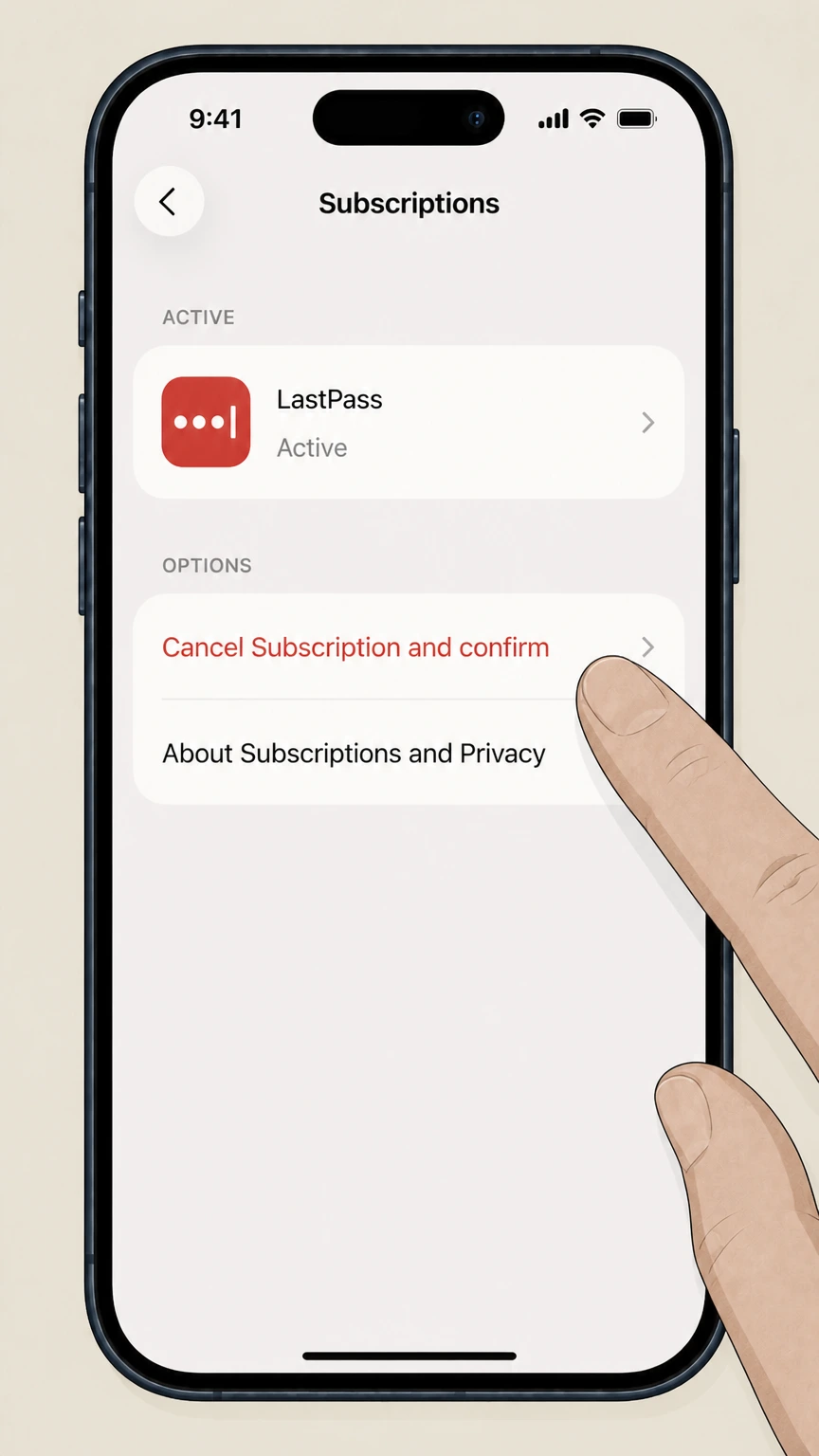 LastPass ios cancellation: Tap Cancel Subscription and confirm
