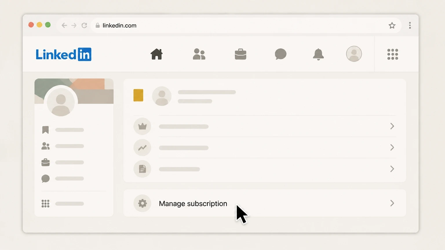 LinkedIn LinkedIn website (direct or Google Play–billed Premium) cancellation: Open Manage subscription