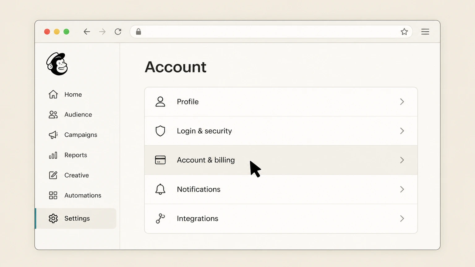 Mailchimp web cancellation: Open Account & billing