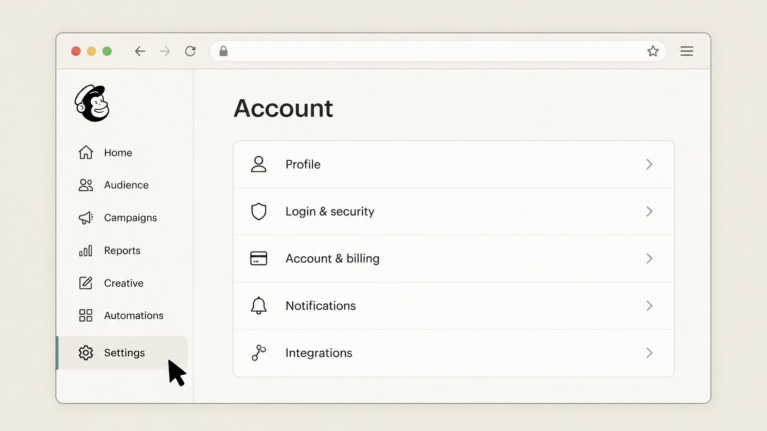 Mailchimp web cancellation: Open Settings