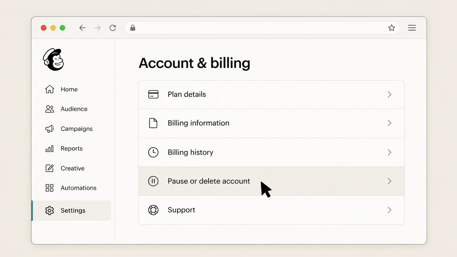 Mailchimp web cancellation: Choose Pause or delete account