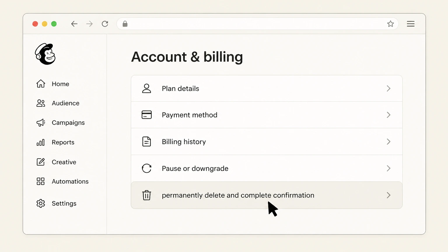 Mailchimp web cancellation: Select permanently delete and complete confirmation