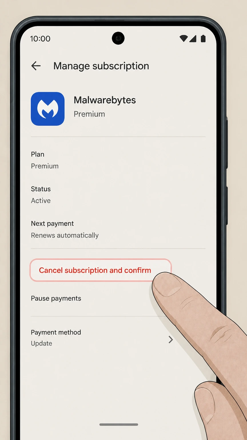 Malwarebytes google-play cancellation: Tap Cancel subscription and confirm