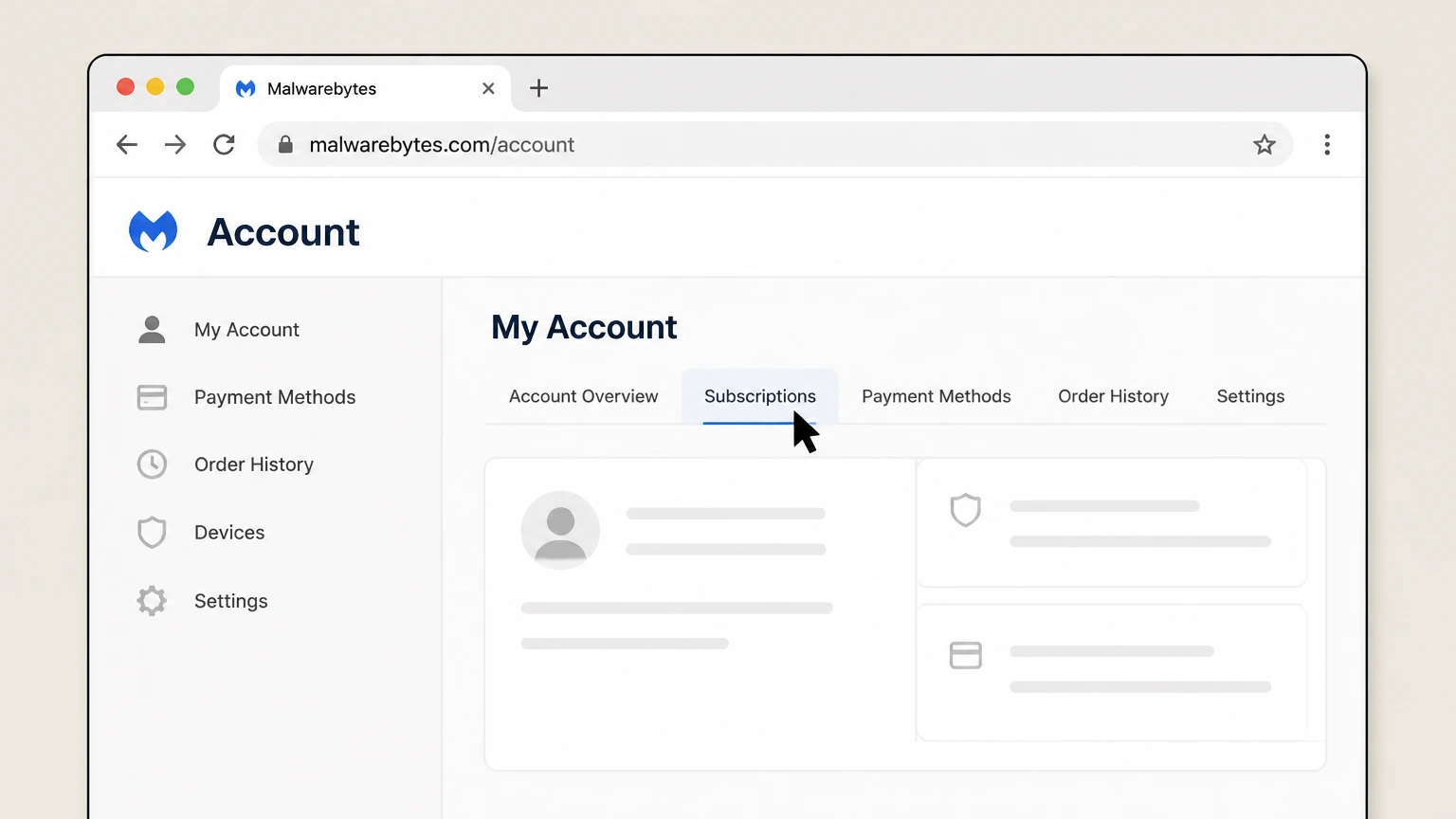 Malwarebytes web cancellation: Open the Subscriptions tab