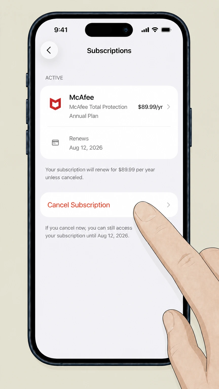 McAfee app-store cancellation: Tap Cancel Subscription