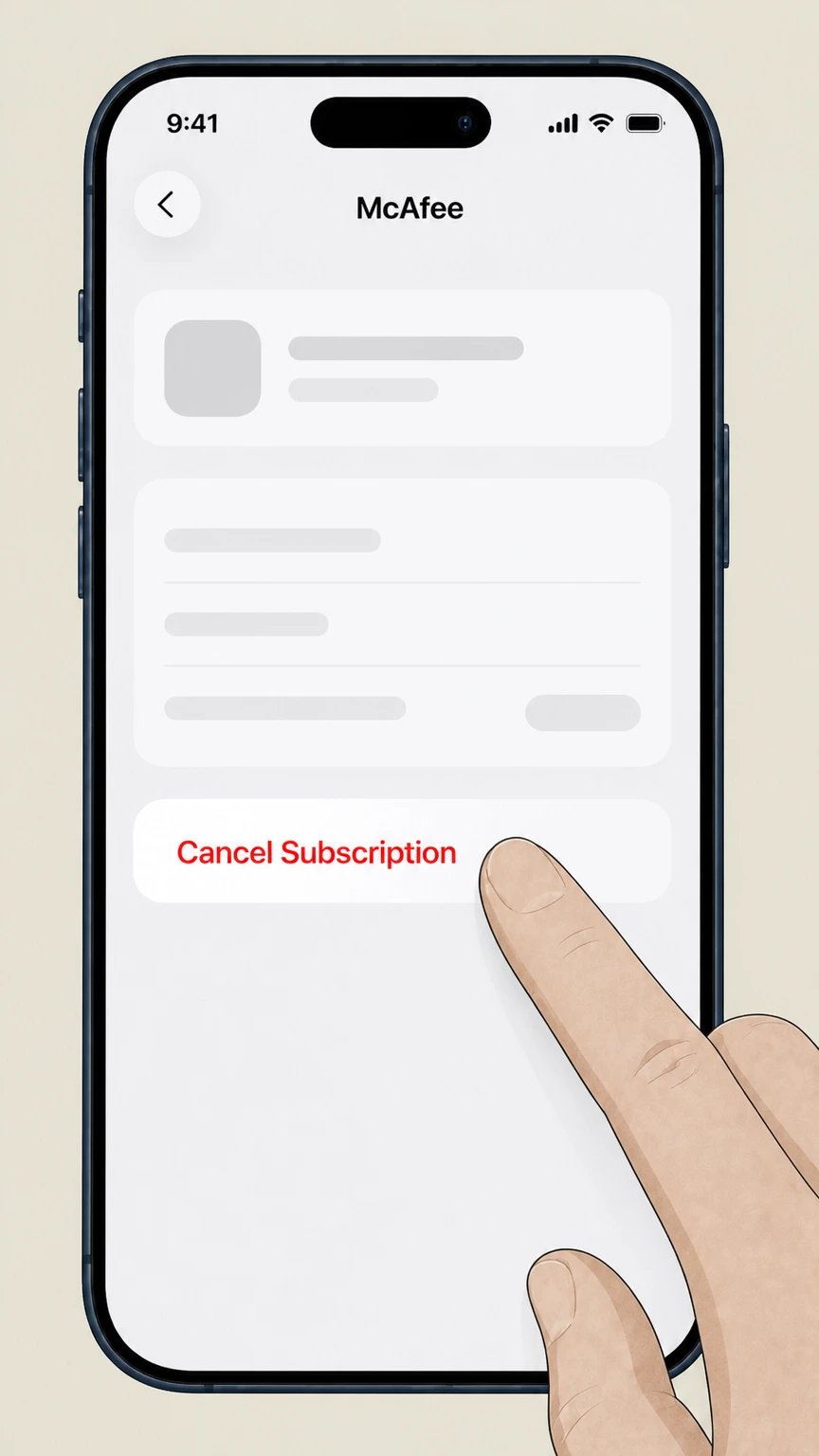 McAfee cancel an app store subscription: Tap Cancel Subscription
