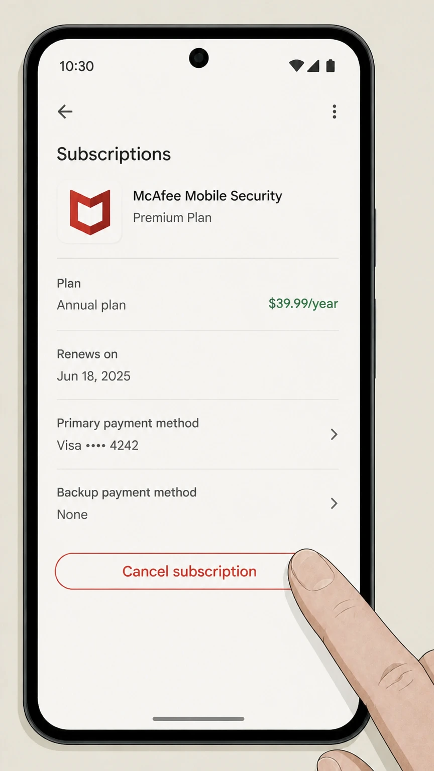 McAfee google-play cancellation: Choose Cancel subscription
