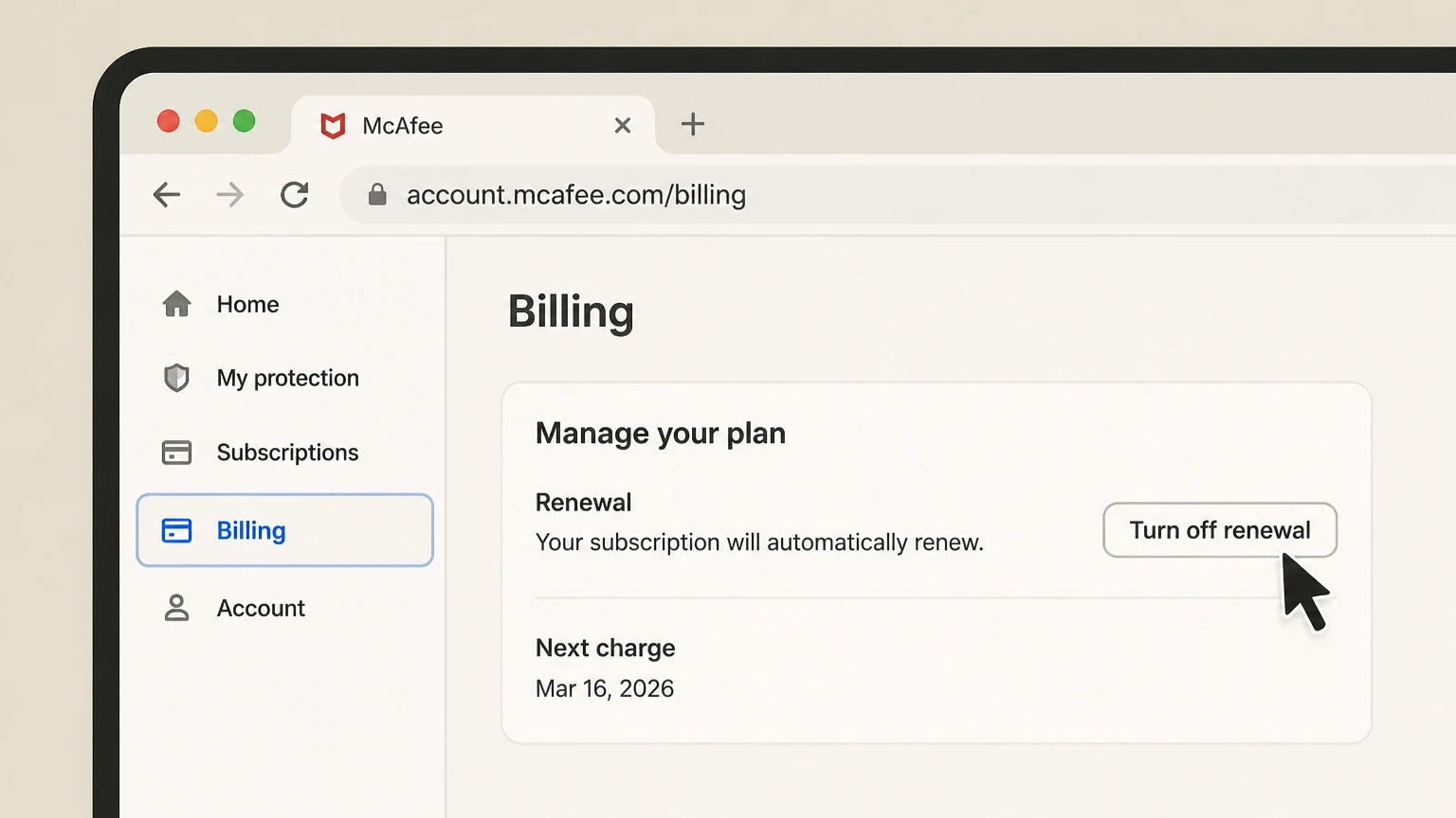 McAfee retail-partner cancellation: Turn off renewal