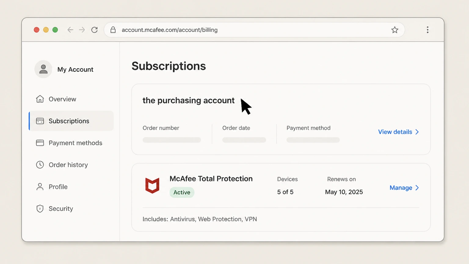 McAfee web cancellation: Find the purchasing account