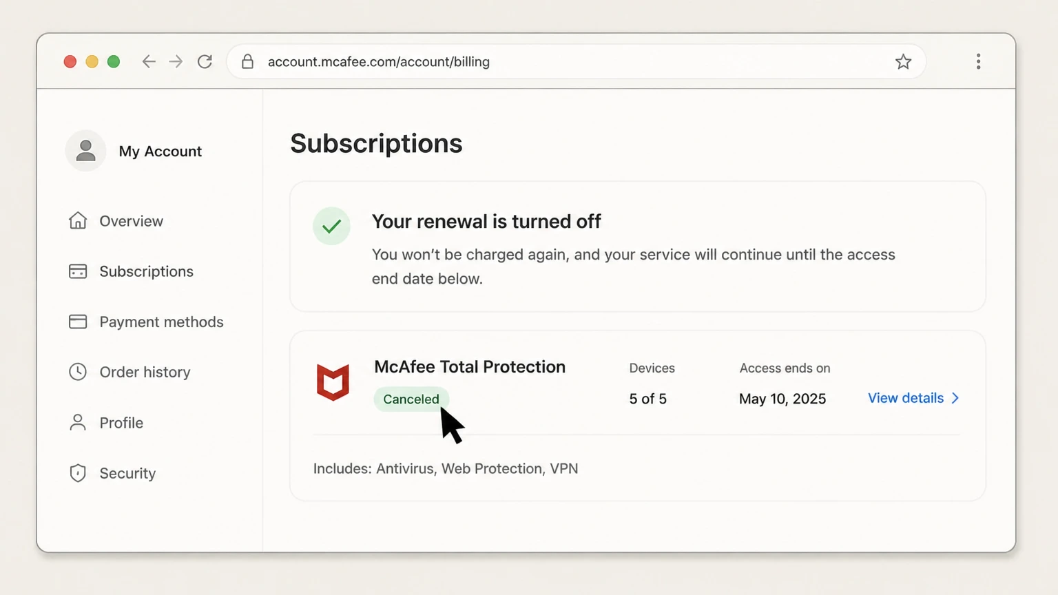 McAfee web cancellation: Turn off the correct renewal