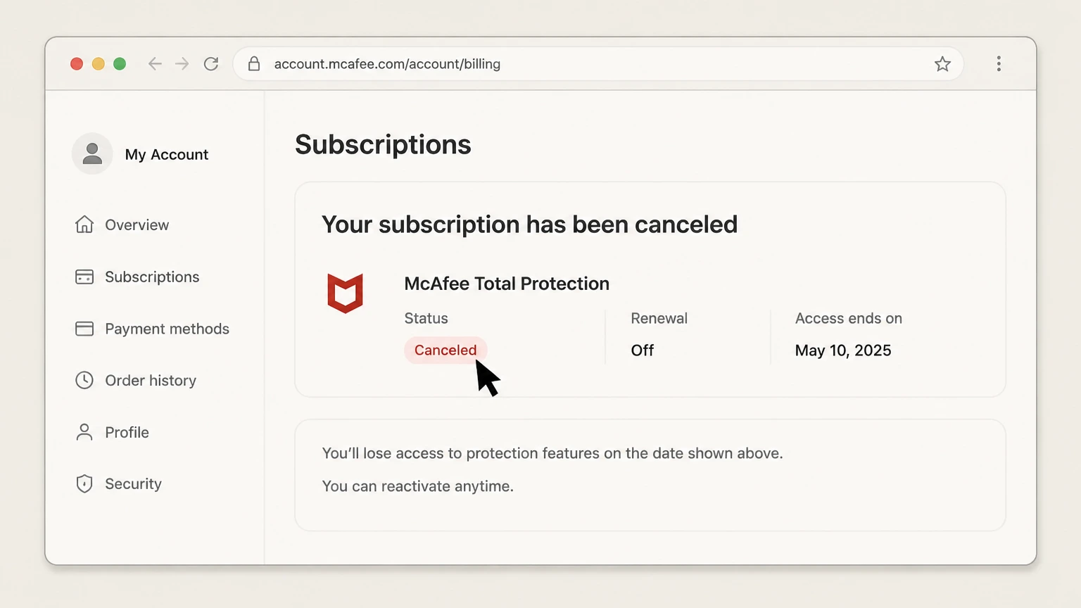 McAfee web cancellation: Verify the paid-through date